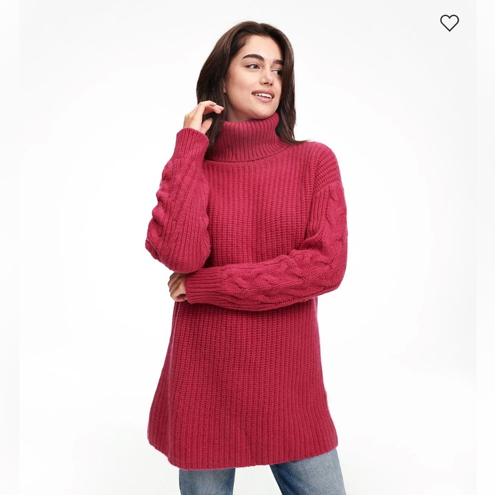 NAADAM Small Oversized HotPink Wool/Cashmere CableKnit Sleeve Turtleneck Sweater